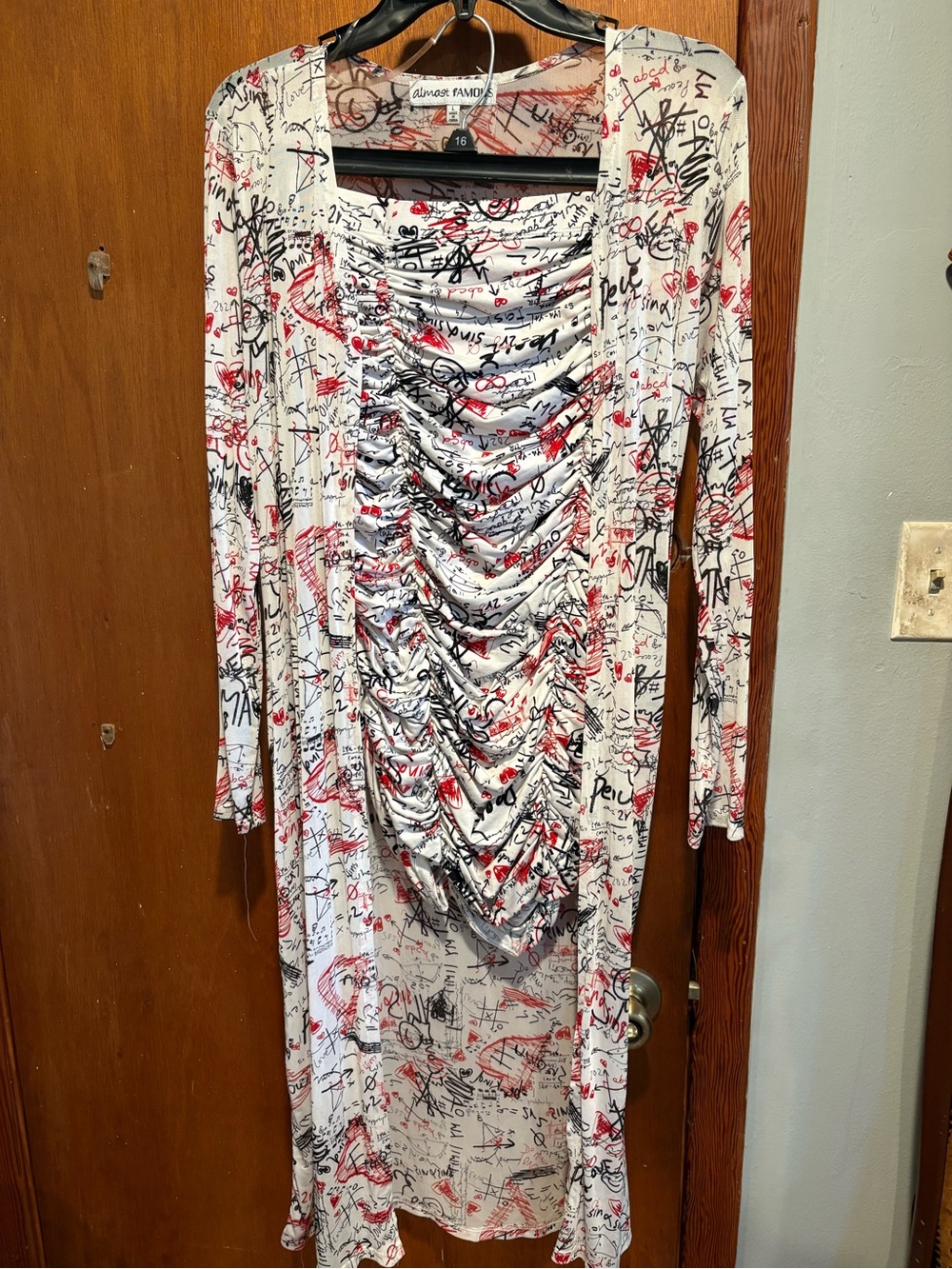 Almost Famous Cream Graffiti Ruched Long Sleeve Midi Dress
